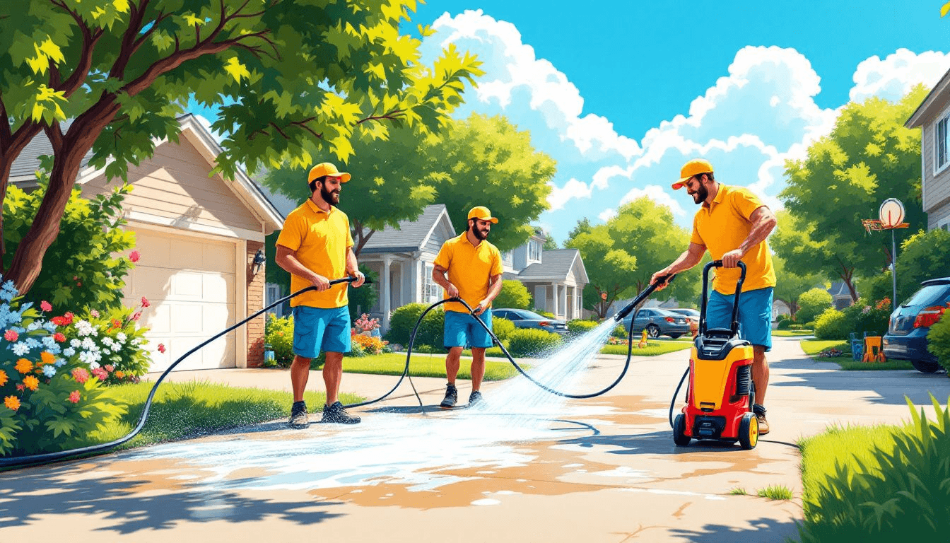 Power washing a driveway to remove dirt and stains.