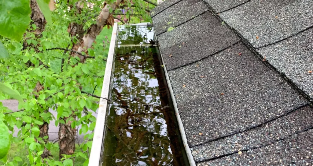 water in the gutter caused by clogged downspouts