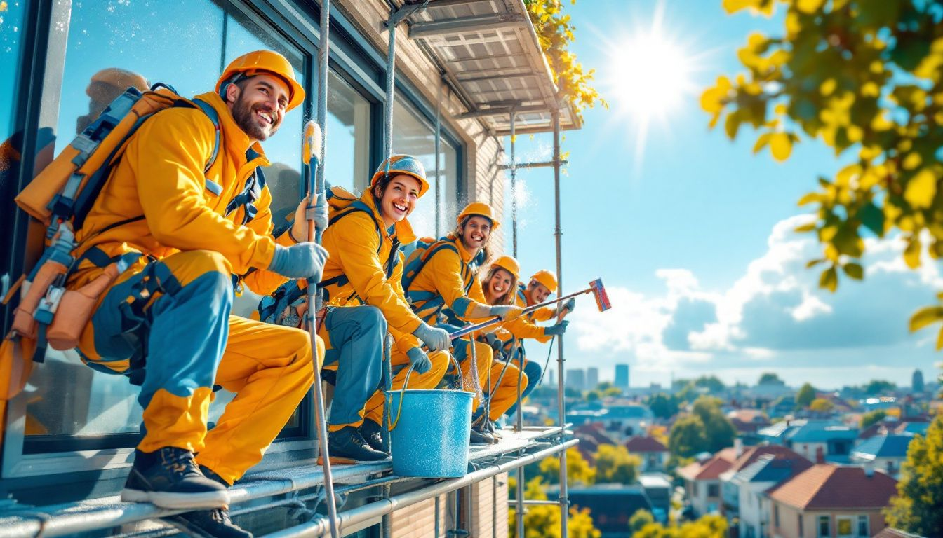 Professional window cleaners at work on tall buildings.