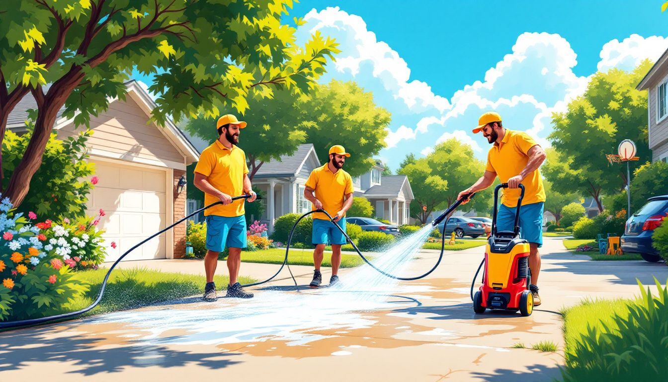 Power washing a driveway to remove dirt and stains.