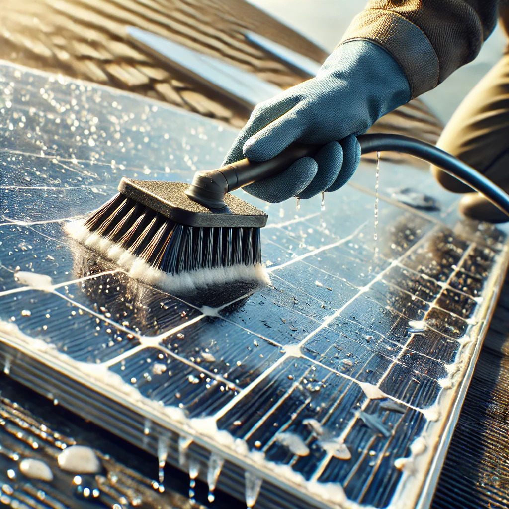 Close up solar panel cleaning