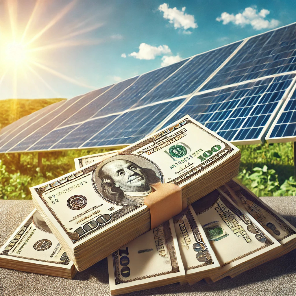 Cash placed on a surface near solar panels