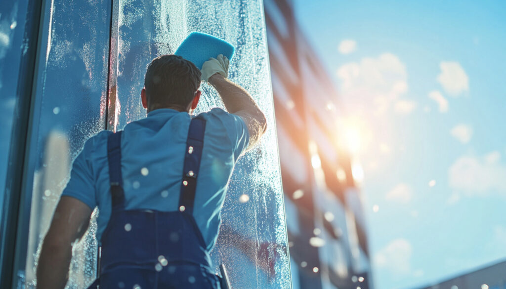 man washing windows with a sponge