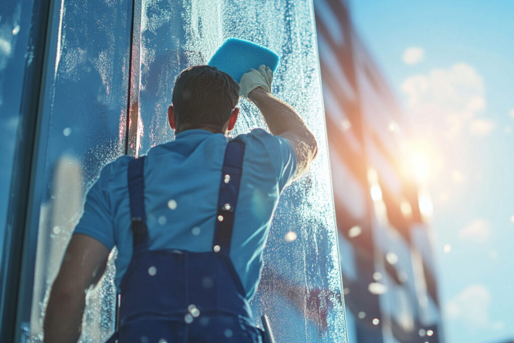 man washing windows with a sponge