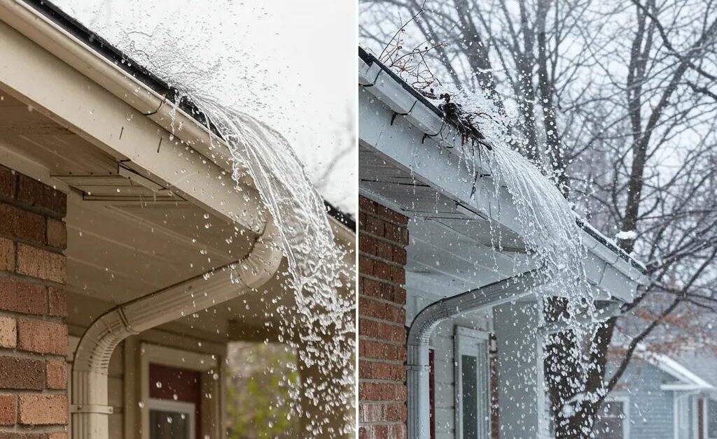 Comparison of clean versus clogged gutters showing the importance of professional gutter cleaning for Chicago homes
